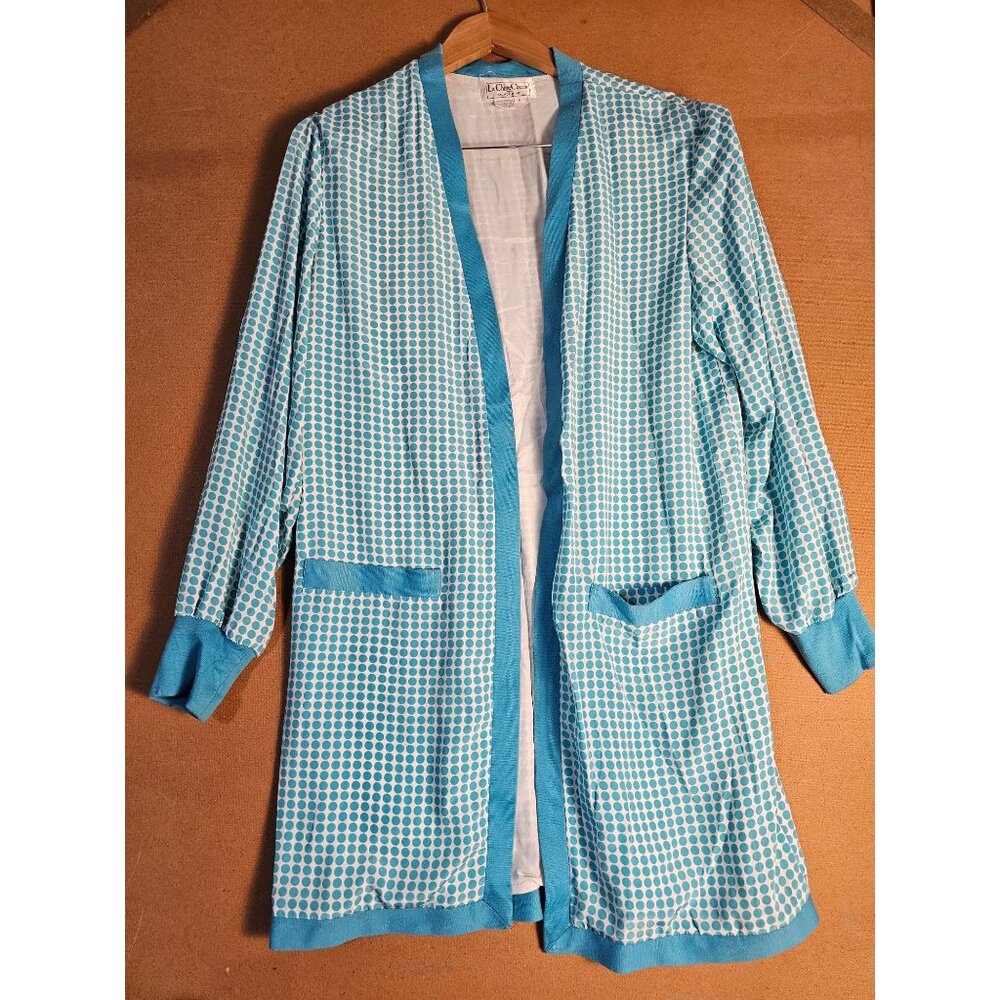 La Chine Open Front Jacket Plus Size 8 Teal White Polkadot Galinda Wang Vintage